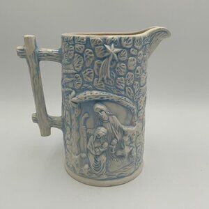 1980 Handmade Blue & White Holy Family Water Pitcher Christianity Religion